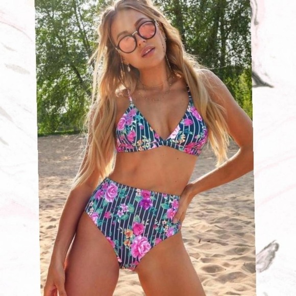 Floral And Striped High Waisted BikiniSz L - Picture 2 of 14